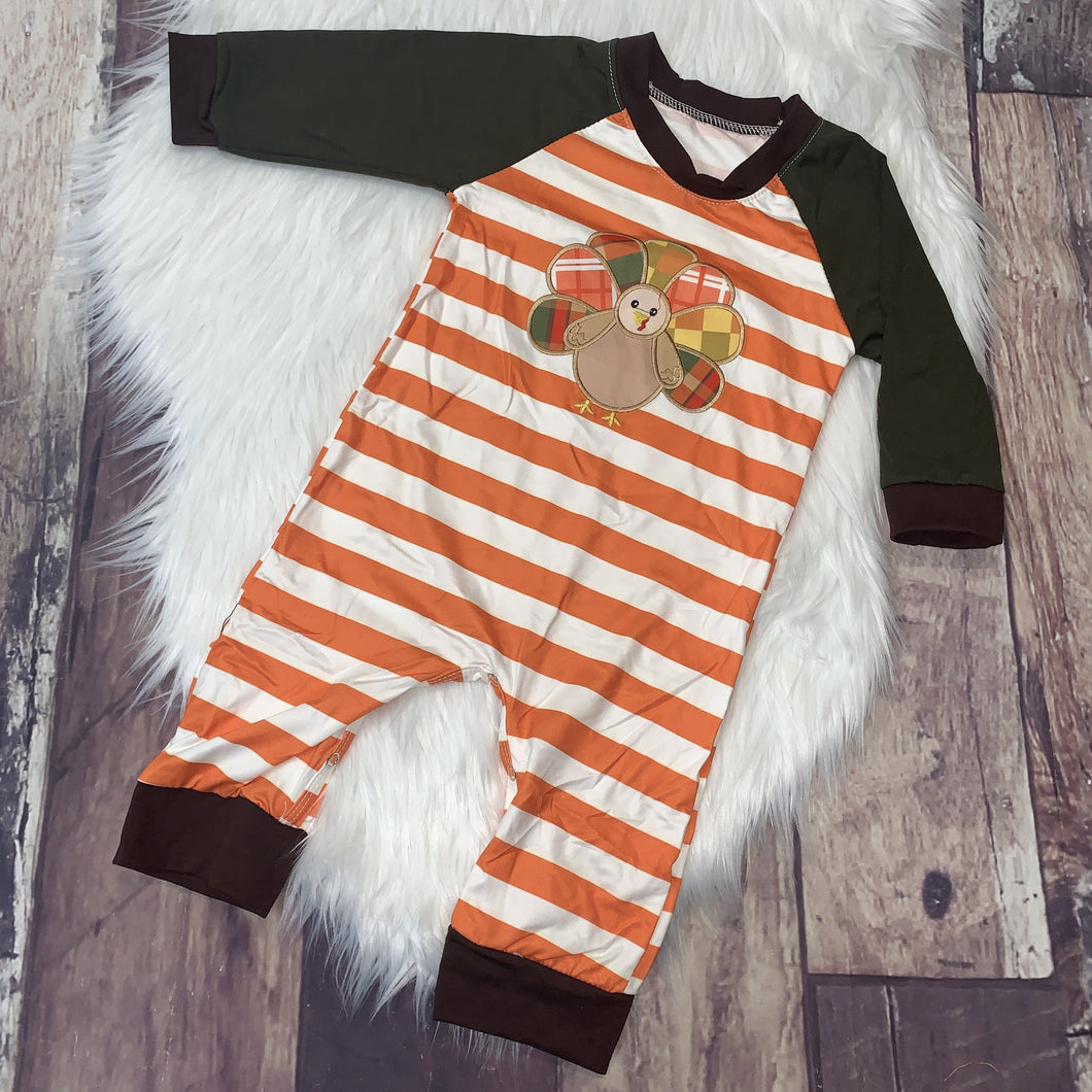 Embroidered Turkey Orange Stripe Romper