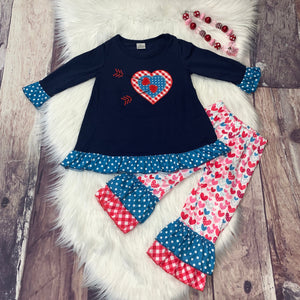 Embroidered Heart Long Sleeve & Ruffle Pants Set