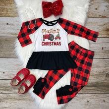 Load image into Gallery viewer, Merry Christmas Tractors Peplum &amp; Buffalo Plaid Leggings
