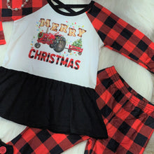 Load image into Gallery viewer, Merry Christmas Tractors Peplum &amp; Buffalo Plaid Leggings
