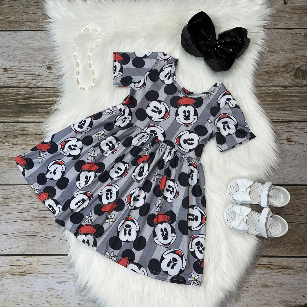 Grey and Black Mouse Printed Short Sleeve Dress